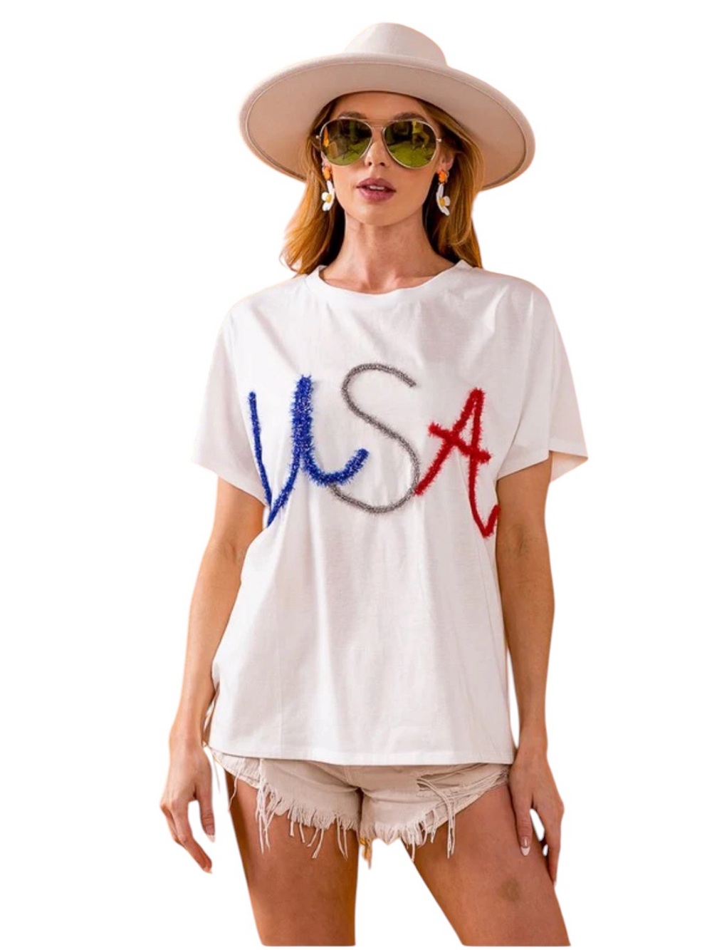 Bibi NWT white with red white blue metallic lettering USA t-shirt July 4th